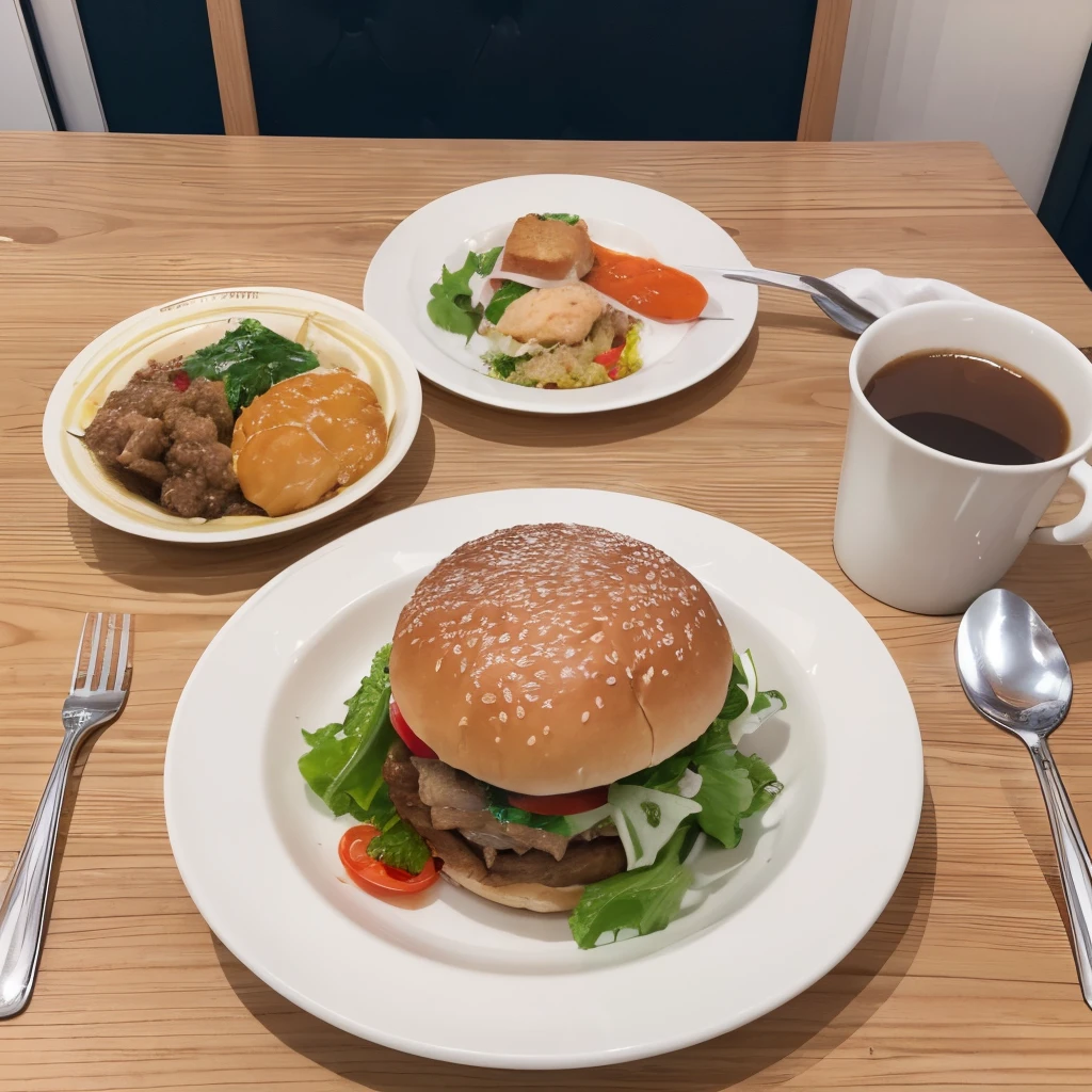 top-quality, ​masterpiece, 超A high resolution, 8K, Unripe, (photographrealistic:1.4), profetional lighting、inside in room、Bright interior、Bright lighting、zoom photo of food、photos realistic、zoom photo of food、Photo from directly above、College Girl Lunch、Cafe Lunch、And food、(Hamburger set meal)、meal、Miso soup