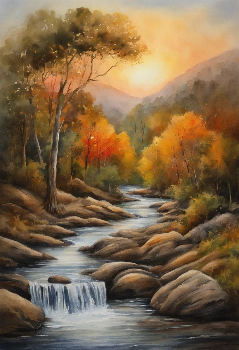 por do sol acima de uma cachoeira no mei ode uma mata de arvores frondosas