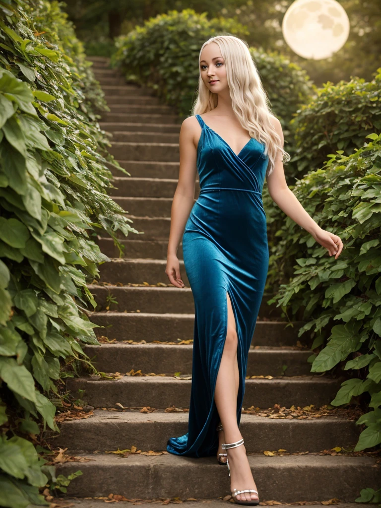 full body, Luna lovegood, reminiscent of fairies, faes and fey, walking down castle stairway at night, moon shining upon her. magical pale blonde hair, slim, sinuous, slender, narrow waist, gracious, gray eyes, royal dark blue translucent velvet evening gown. polished bronze celtic jewelry magically glowing. sparkling crystal gladiator high heel sandals. light green leaves on her hair. wood antlers growing out of her head demonstrating her druid roots