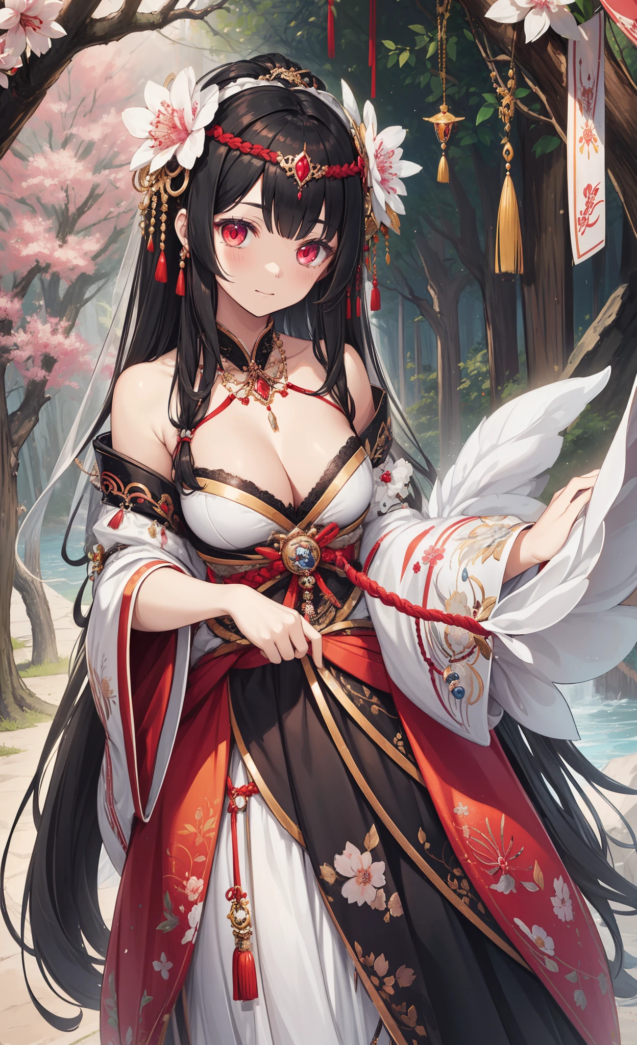 (tmasterpiece:1.2),Atdan, 1 plump girl, Alone, Branch, flowers blooming, jewely, a skirt, ear nipple ring, that tree, through bangs, Long gray hair, hair adornments, view the viewer, Chinese clothes, black hair color hair, hairflower, Brown hair, exposed bare shoulders, Very long hair, Wide sleeves, longer sleeves，Fix fingers，Light red eyes，having fun