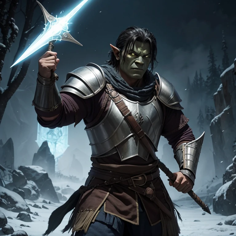 Half-orc in plate armor wielding a magical staff and shield