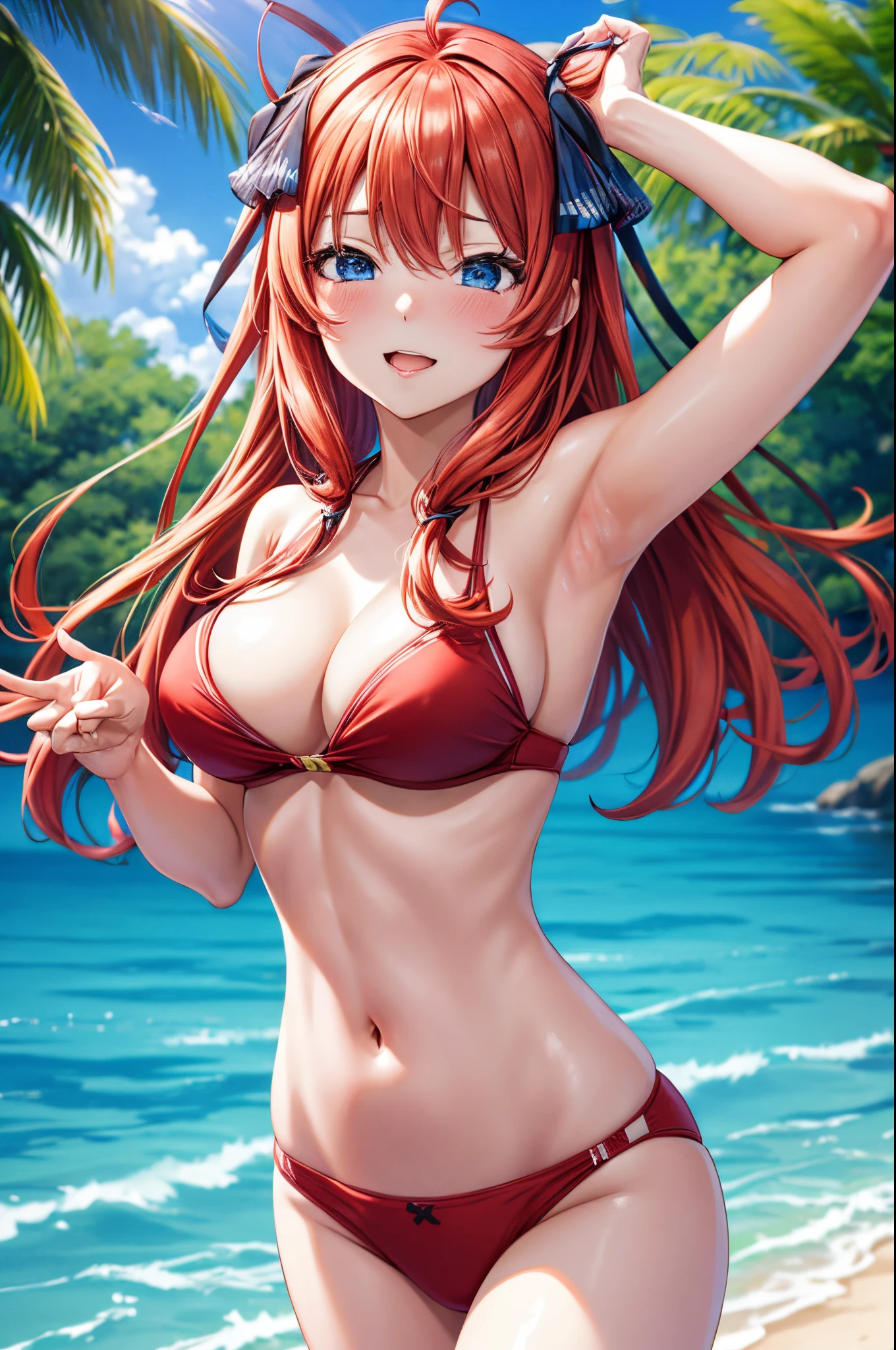 masterpiece, highres, best quality, Miku Nakano from Quintessential Quintuplets, sexy pose, red hair, seductive, blush, vivid colors, 4k, 8k, bikini