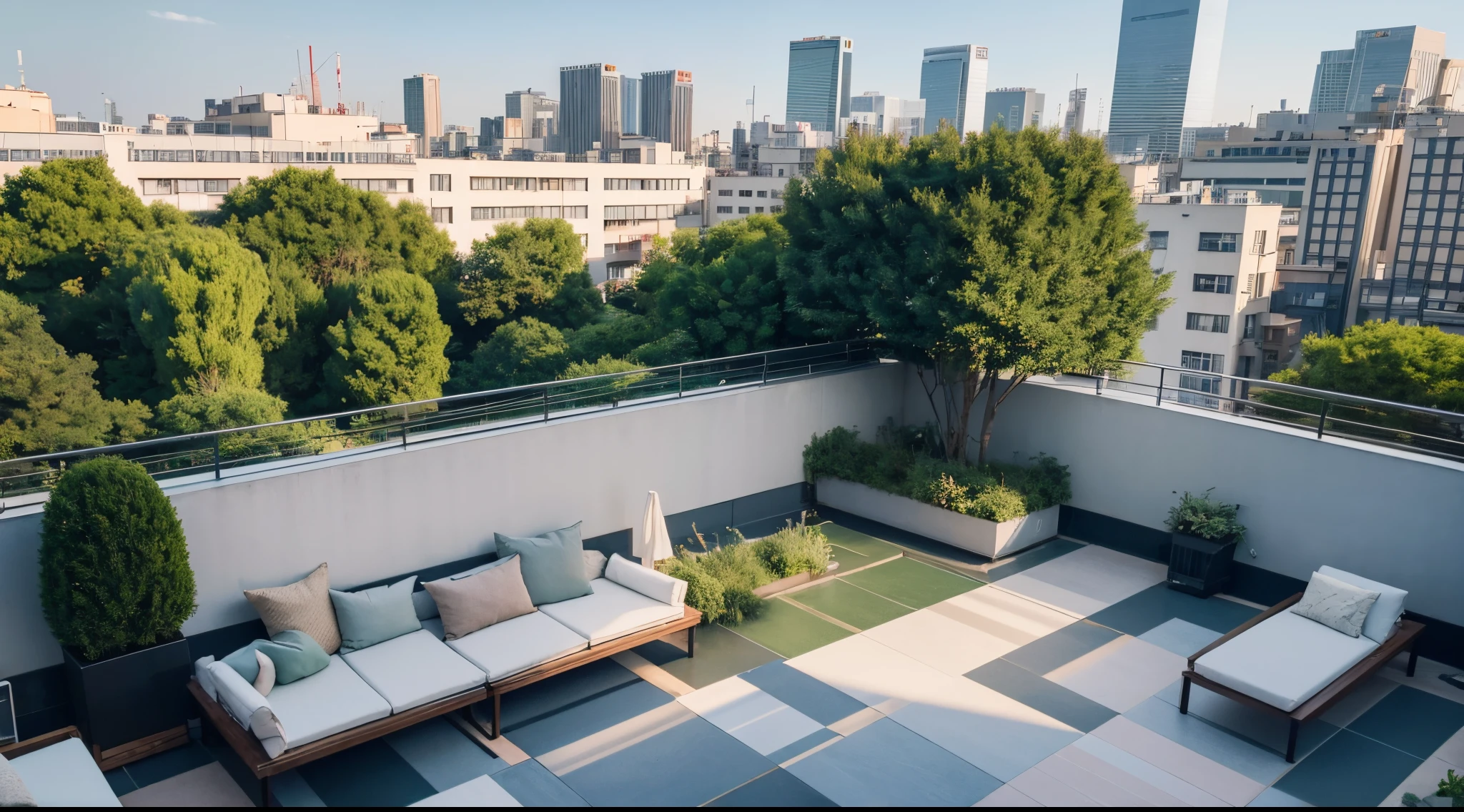 There is a terrace with tables, chairs and umbrellas, Beautiful terrace, terrazzo, the roof, outdoor design, rooflgarden, Tokyo rooftops as background, green terrace, on a rooftop, on a rooftop, city rooftop, rooftop romantic, on a rooftop, at the terrace, sitting on rooftop, rooftop party, V-rays, high quality rendering