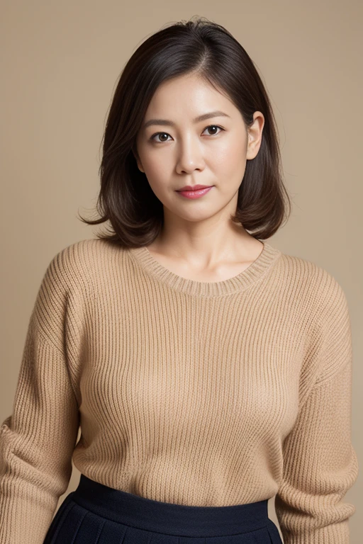 hight resolution, high-level image quality, high detailing, Textured skin, tre anatomically correct, sharp, ‎Classroom,  (((japanese mature, 49 years old, governess, chubby figure))), ((Wrinkles on the face)), shapely small breasts, Light brown straight hair that reaches to the shoulders, Faint lips, (((stand, looking at viewer))), closes mouth, cry, looking at viewer, Sweaters, skirt by the, cowboy  shot,