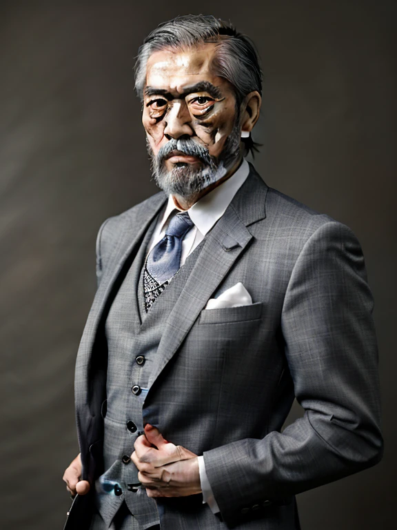Handsome men,elderly japanese,Bearded,dandy,musculature,Upper body portrait,Gray background,suits,人物