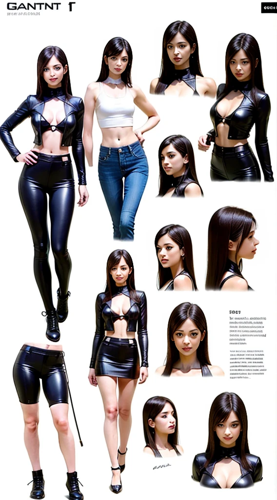 SFW, GANTZ Mujer, different angles, character sheet, Digital illustration, Multiple poses, fondo blanco