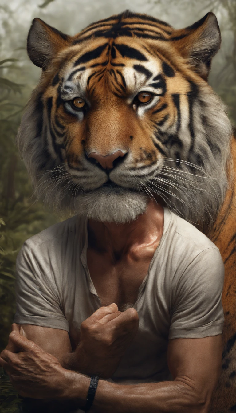 An old man with a beard touches the tiger