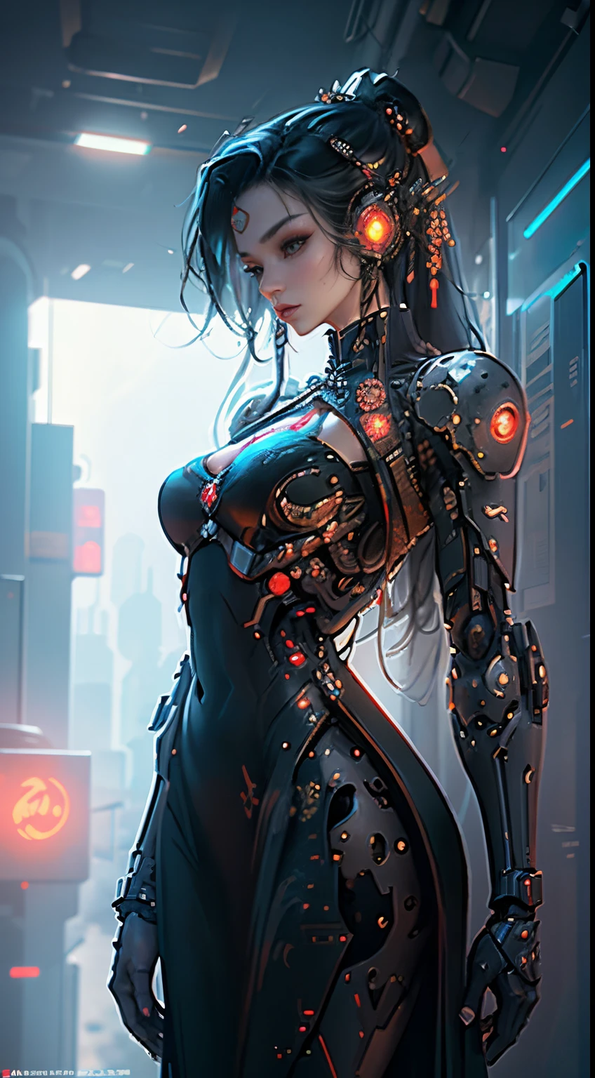 cyberpunk city,complex render ultra detailed of a beautiful profile woman, milf,chinese_clothes,in black and red,
cyberhanfu,Cheongsam,Headdress,hair ornament,long hair,full of machinery and futuristic element,
futurism,technology, looking at viewer, blush,dynamic pose,, (Dynasty, Tang clothing, hanfu:1.3), makeup, beautiful detailed face, (cyborg, robotic parts, luxurious cyberpunk, robot), , (cleavage:1.1), thighhighs, (NSFW:0.5) , cinematic,ultra realistic,accurate hands, cowboy_shot,full body, studio lighting, ray tracing,, Fantasy,cyberpunk, cable electric wires, microchip, 150 mm, beautiful studio soft light, rim light, vibrant details, luxurious, lace, hyperrealistic, anatomical, facial muscles, elegant, beautiful background, octane render, H. R. Giger style, 8k, best quality, masterpiece, illustration, an extremely delicate and beautiful, extremely detailed ,CG ,unity ,wallpaper, ,Amazing, finely detail, best quality,official art, extremely detailed CG unity 8k wallpaper,unreal engine, cinematic lighting, UHD, super detail