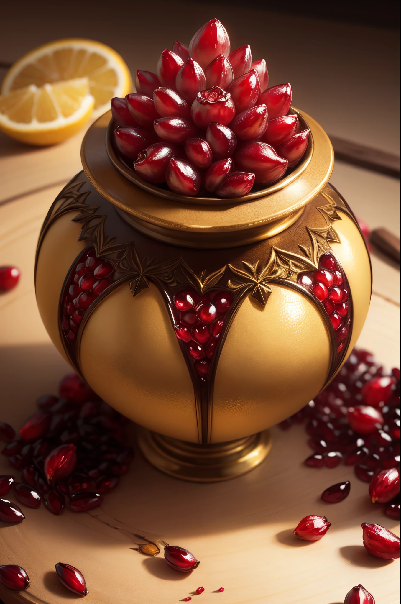 golden colored，Pomegranate and almond fruit fusion，closeup cleavage，Realistic hyper-detailed rendering，concept-art，Just fruit seeds