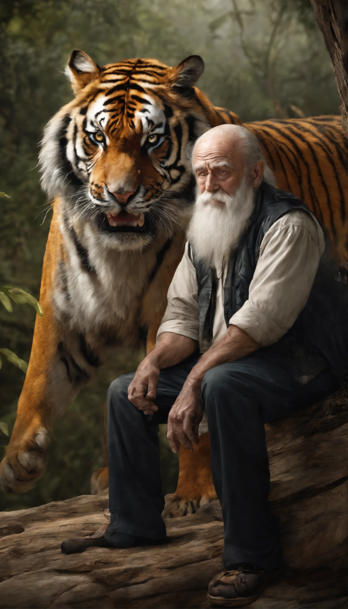 An old man with a beard touches the tiger