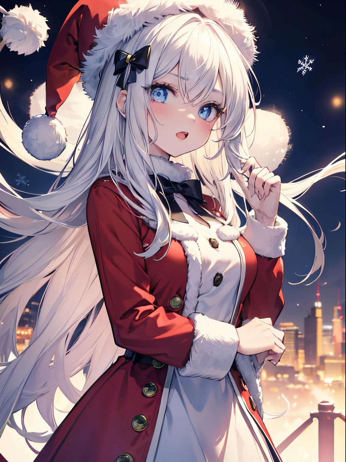 masutepiece, Highest Quality, (Perfect face:1.1), (high detailing:1.1), (ultradetailed eyes), Dramatic, superfine illustration, Extremely detailed, 1girl in, (pale skin), long white hair, Ethereal eyes, Blue eyes,tareme, (light eyebrow),blush,Solo, Happy, Laugh, Open mouth, Pouty lips,Cinematic lighting, Looking at Viewer,Cowboy Shot, Christmas, Santa Claus Costume, Santa Claus hat,Long sleeve
