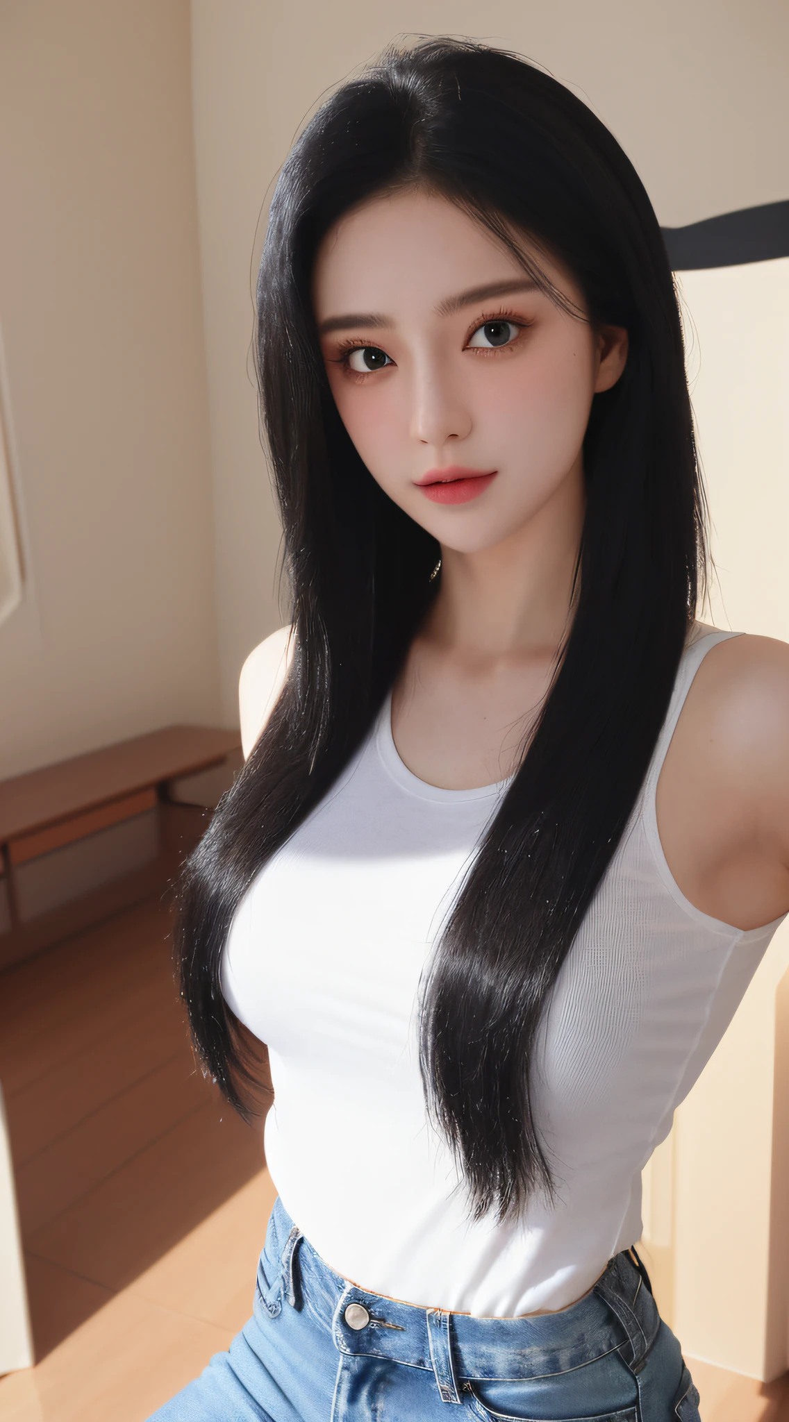 （（（p_appearance_S,big chest and thin waist，Big crotch，S-shaped body:1.75））），((tmasterpiece)),A high resolution, ((Best quality at best))，tmasterpiece，top-quality，Best quality，（（（ exquisite facial features，looking at viewert,There is light in the eyes，Smilingly，Self-confident ））），（（（Light and shadow interlace，huge boob））），（（（dynamicposes, 1 girl, (complete figure:0.9), Alone,, sexy women,Body contours，Raised sexy，Realistic silhouette of human body， ((good body)),Girl posing for photo in white t-shirt and skinny jeans，place one's arms behind one's back，Full body lesbian，Paired with a short T-shirt，24 years old female model， )）））