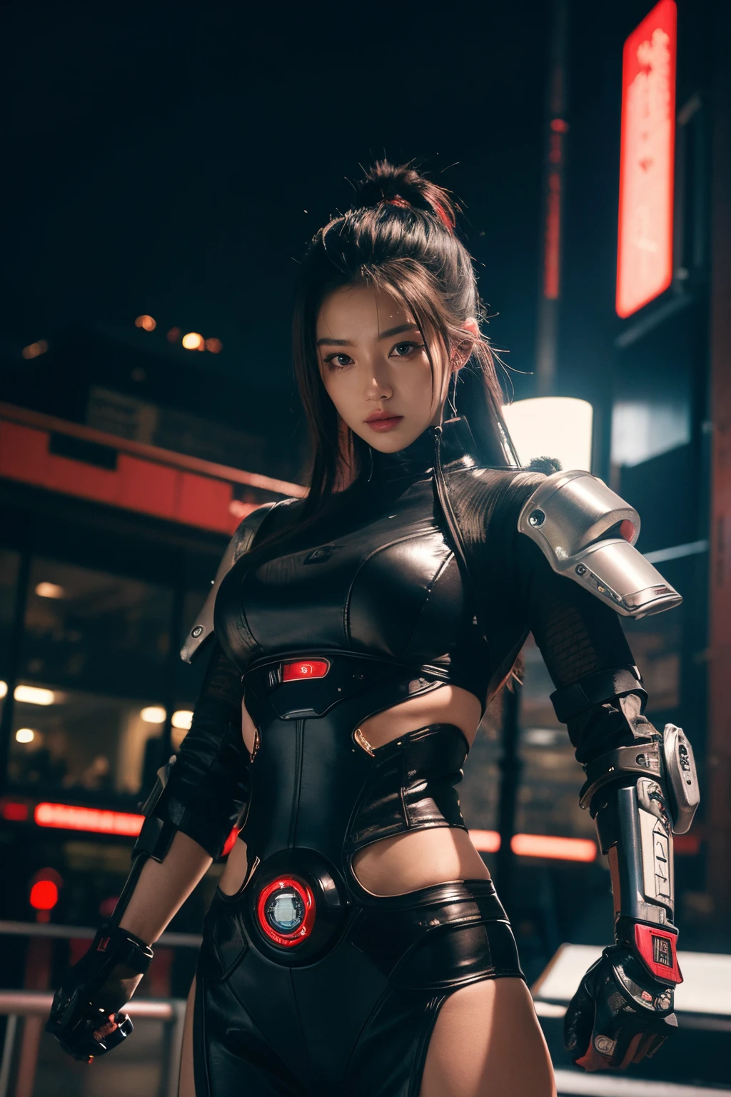 a female cyberpunk samurai cyborg with a robotic arm, hyper detailed, dynamic pose, complex, soulful, sexy, strong lighting, marketplace background