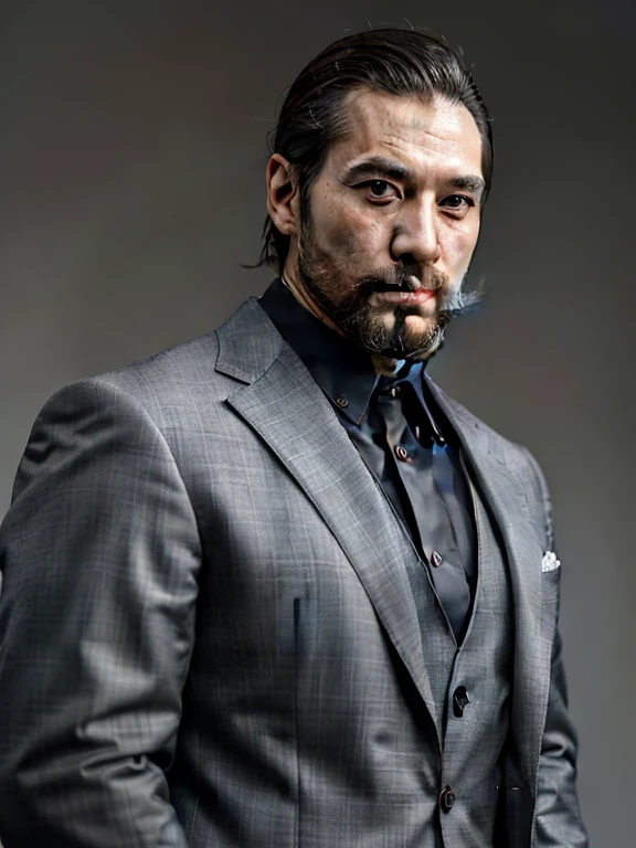 Handsome men,Japan in their 40s,Bearded,dandy,musculature,Upper body portrait,Gray background,suits,人物