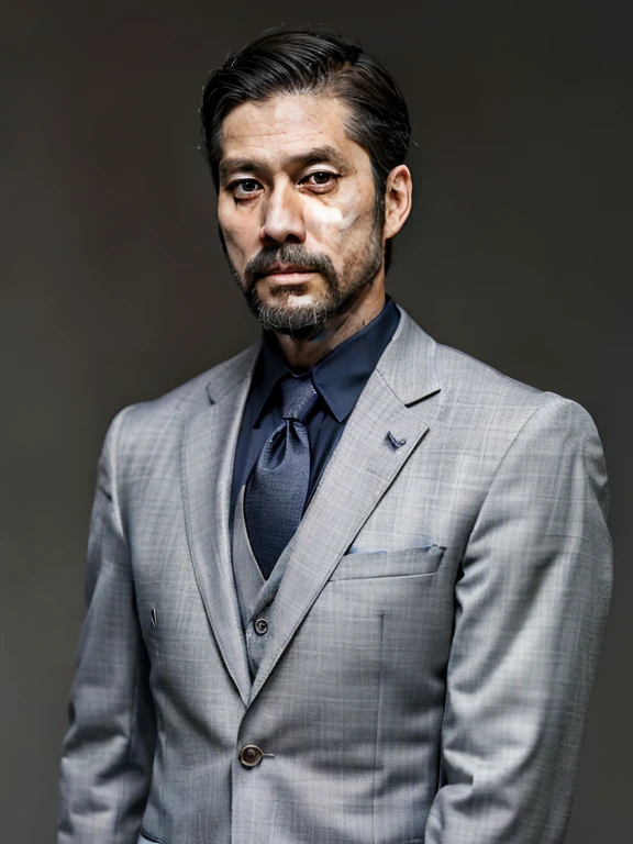 Handsome men,Japan in their 40s,Bearded,dandy,musculature,Upper body portrait,Gray background,suits,人物