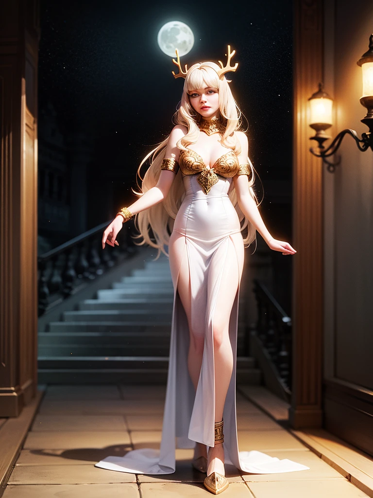 full body, Luna lovegood, reminiscent of fairies, faes and fey, walking down castle stairway at night, moon shining upon her. magical pale blonde hair, slim, sinuous, slender, narrow waist, gracious, gray eyes, lipstick, juicy lips, eyeshadow, long eyelashes. royal dark blue translucent velvet evening gown. (intricate bronze celtic jewelry magically glowing). sparkling crystal gladiator heels. (light green leaves on her hair). antlers made of wood growing out of her head demonstrating her druid roots