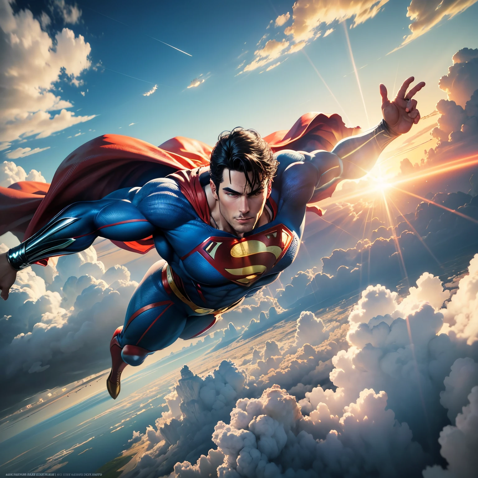 superman laying back chilling of a fluffy cloud, sunrays, global illumination, UHD, HDR, 8K, hyper details, rich colors, photograph, --auto --s2