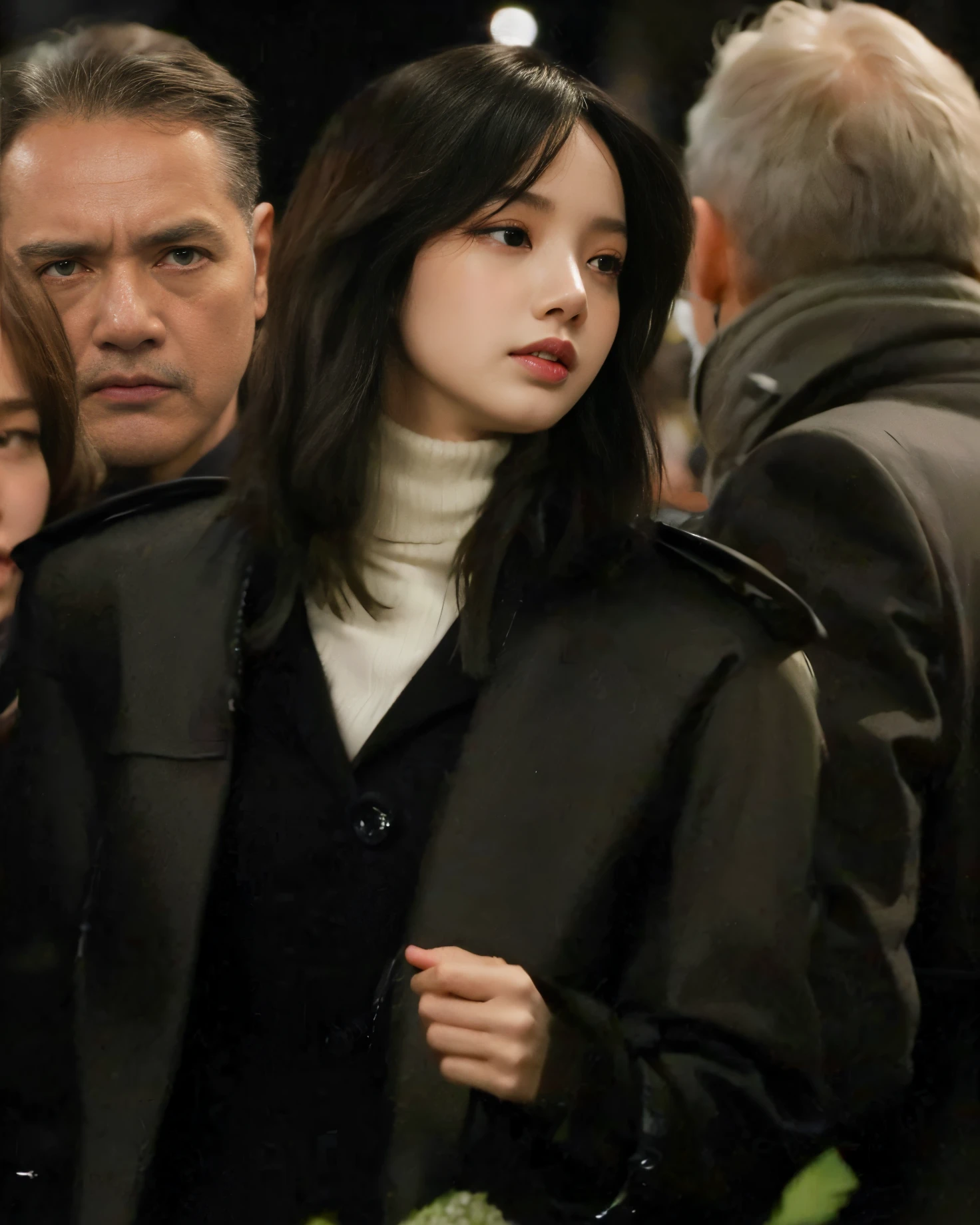 araffe woman in black coat in front of a crowd of people, Ela tem cabelo preto com franja, Jisoo do Blackpink, song hye - kyo, jisoo do blackpink, Bae Suzy, & her expression is solemn, mas um olhar severo sobre ela, Dom Yunjoo, usando gola alta e jaqueta, Sui Ishida com cabelo preto