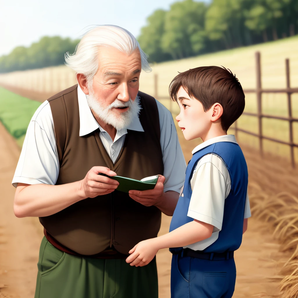 Raise an old man teaching his grandson on a farm