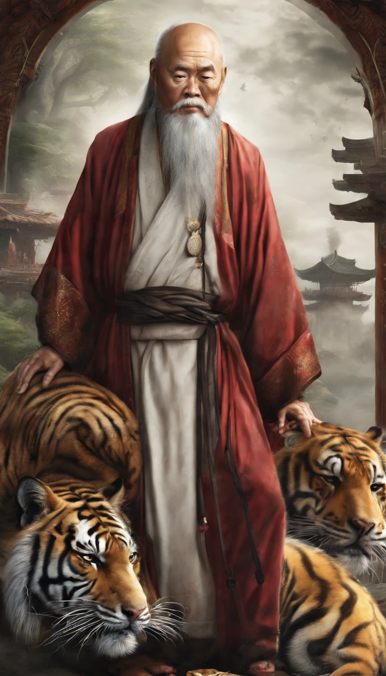 A Taoist priest with a white beard.And a tiger