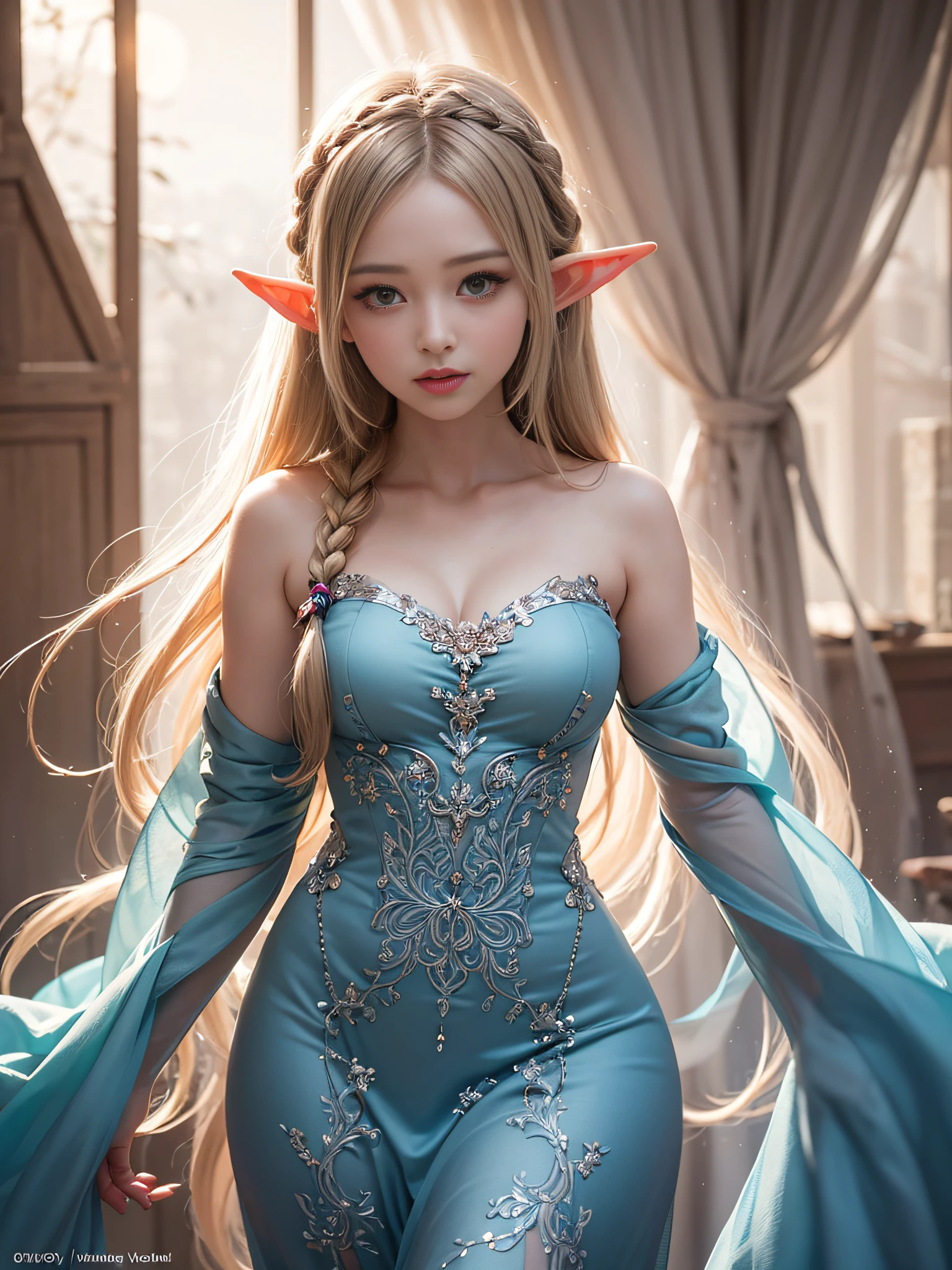 Graceful elven girl standing in meadow, Delicate face illuminated by the soft light of the setting sun. Her long, Flowing hair runs down your back, Decorated with intricate braids、Adorned with sparkling gemstones. This great photo is、、、It captures the ethereal beauty of elves. Slender figure in silk dress、Swaying in the soft steppe breeze. Attention to detail、Face that is、Face that is、Face that is、Face that is、It is evident in the intricate patterns of the dress and the subtle highlights of the luminescence. skin. The breathtaking portrayal of the elven girl is、、、、、Create an enchanting atmosphere、It invites the viewer to a magical world. jade colored hair,