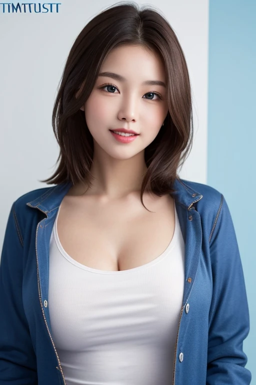 1个Giant Breast Girl, prette，（Blue Eyes 1.2），The lips are red and the teeth are white，Bust photo，Toothy smile, brown  hair, middlebreast，White T-shirt，lake blue jacket，solid color backdrop，Meticulous(tmasterpiece, Best quality at best, 2K raw photos, realisticlying:1.37),
((Best quality at best)), ((tmasterpiece)), (Detailed pubic hair), s the perfect face