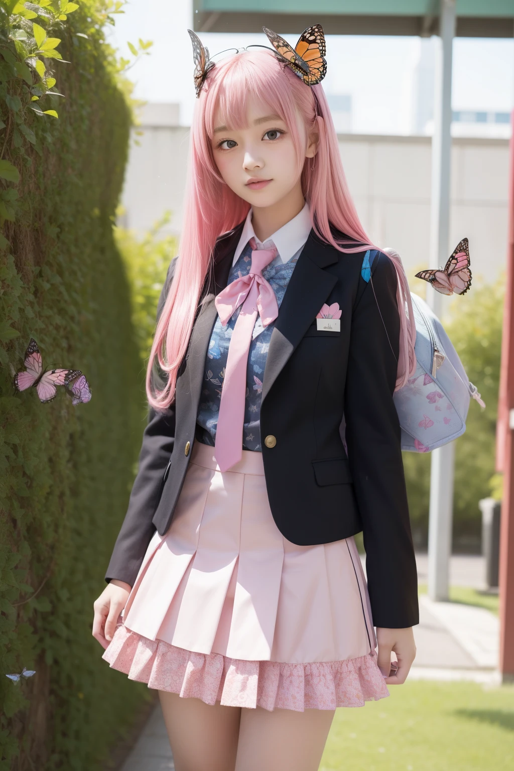 High school girl covered in butterflies、full body Esbian、butterflys々Patterned miniskirt uniform、A pink-haired、Gal