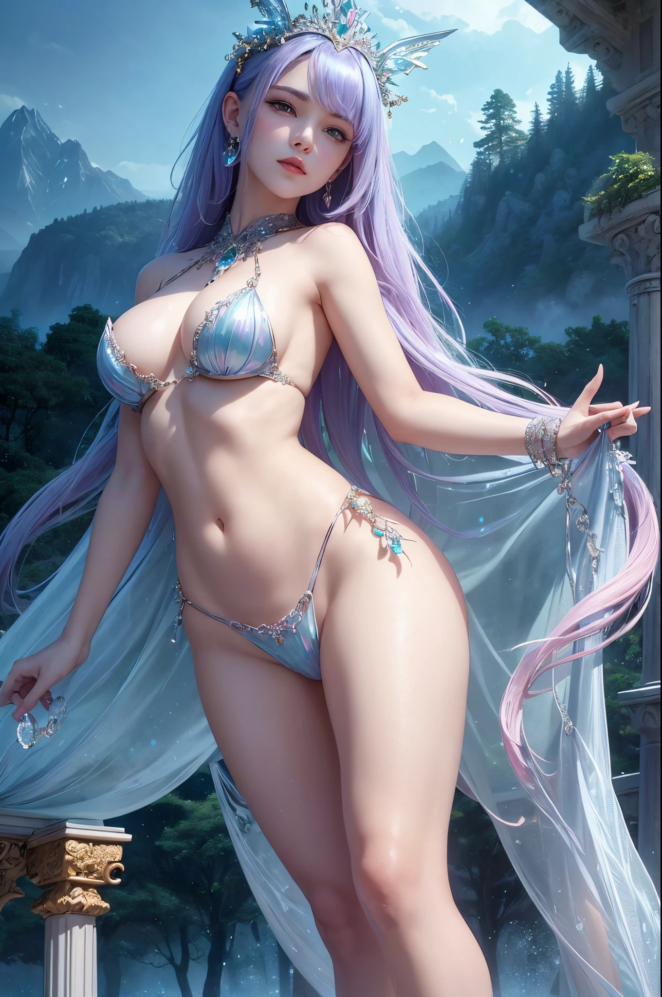 Within a realm of fantastical wonder, an exquisite naked 18-year-old dragon princess exudes regal grace. Her presence radiates nobility and power, adorned with resplendent scales that shimmer with opalescent hues akin to precious gemstones. Crowned with ornate headgear, she commands admiration. Behind her, a mythical landscape unfolds, adorned with ancient trees, glowing flora, and towering mountains that echo the grandeur of her realm. The air thrums with a magical aura, mirroring the enchantment of her royal presence within this captivating fantasy world.