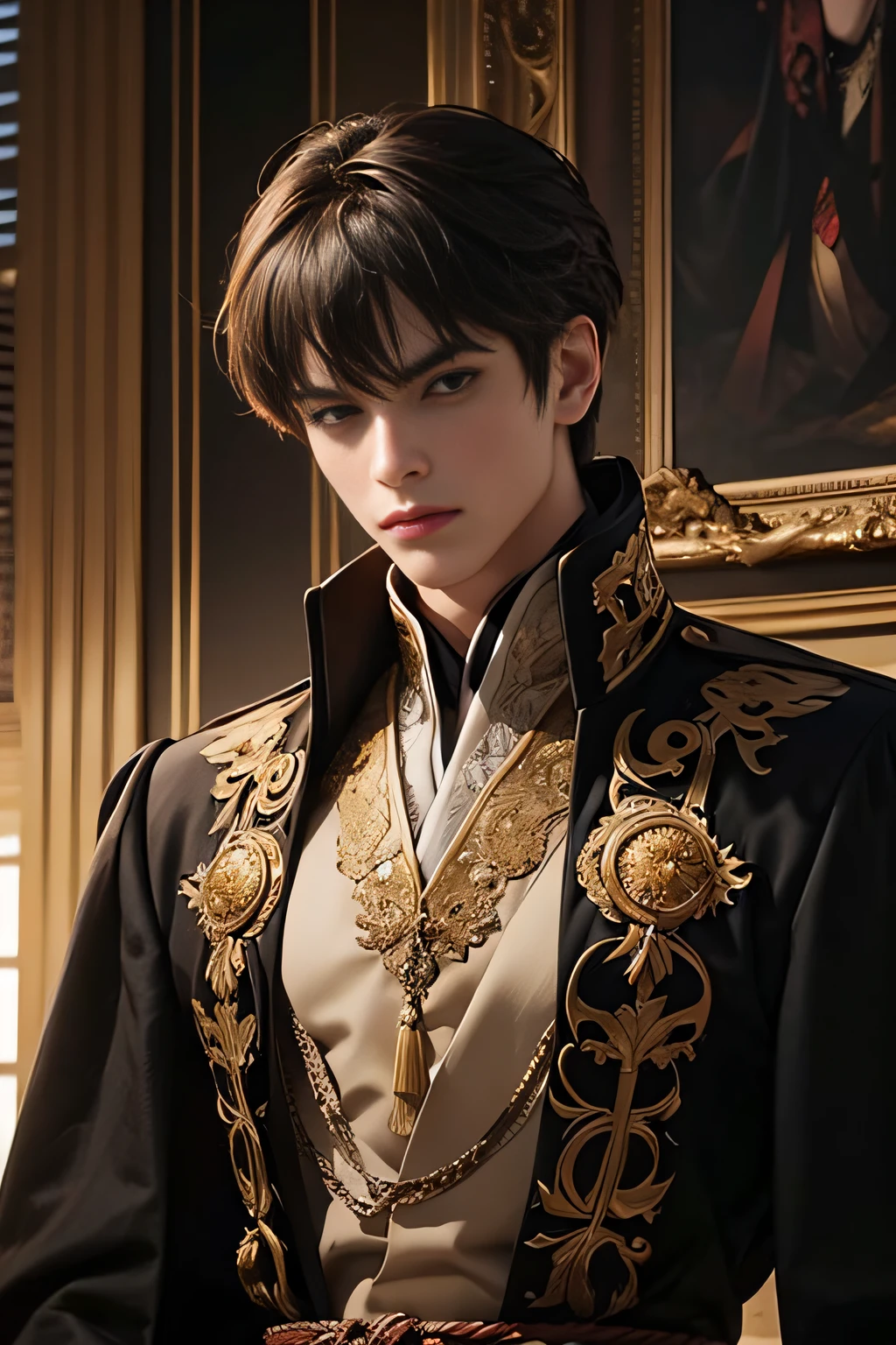 "Dark and epic atmosphere. mature male，with short brown hair, figure eight bangs，sharp golden eyes,He exudes the majesty of an emperor."Elegant details of the dress，Hisui，Topaz，