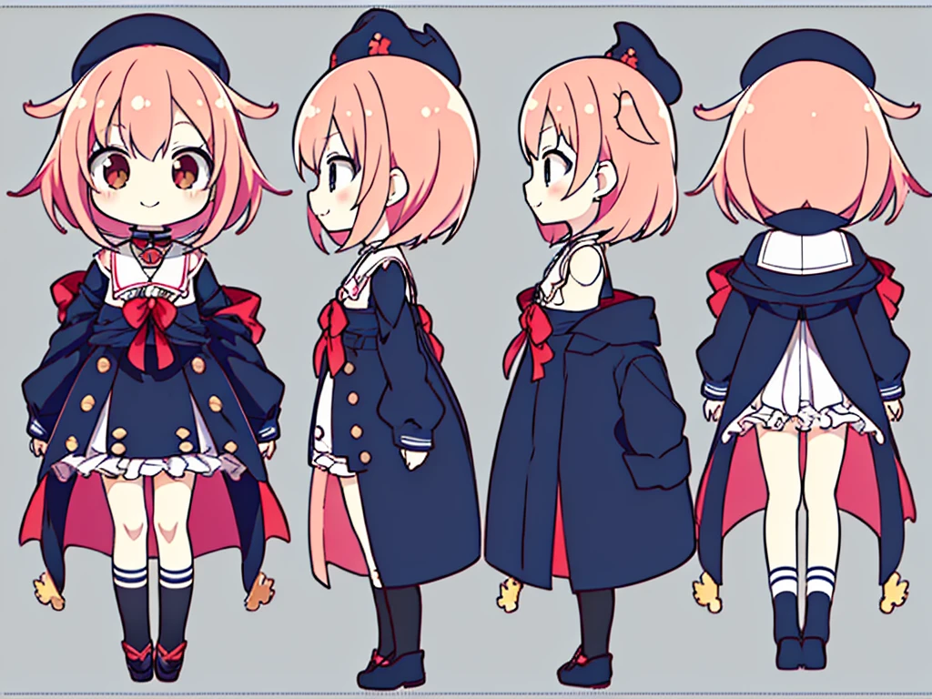 (masutepiece, Best Quality), Chara Sheet,Design drawings,３one angle,three sided view,Lateral face, Small curved loli,Art Book,simple background,Cute!! Chibi!!!,closes mouth,Smile,casual goth loli