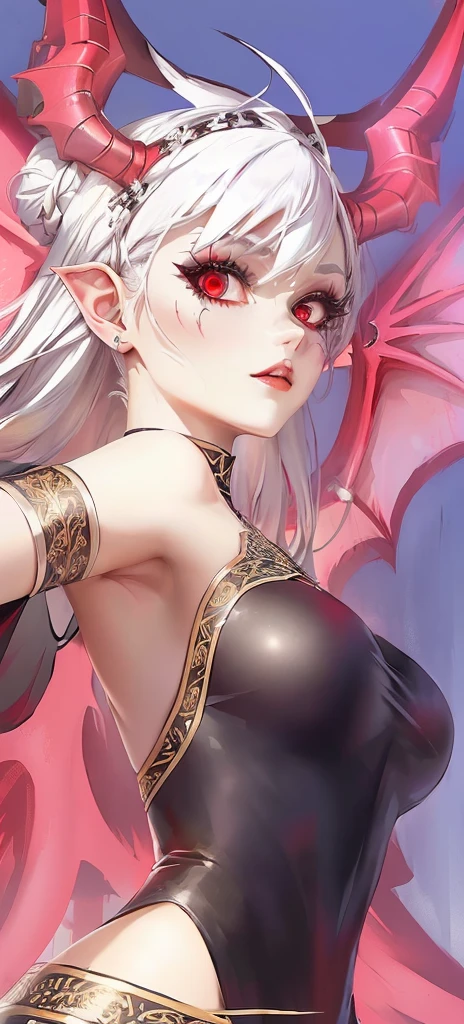girl with white hair, red eyes, black dress, demon horns, and demon wings
