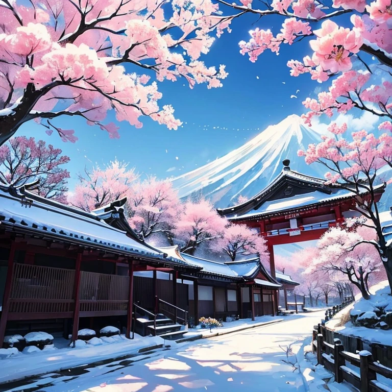 （Japan landscape paintings），（big snow mountain）（It's snowing），（There is a big cherry tree on the mountain、Flowers are scattered）frontier、Cheers to the monthly drinking party，Ultra-long viewing angle