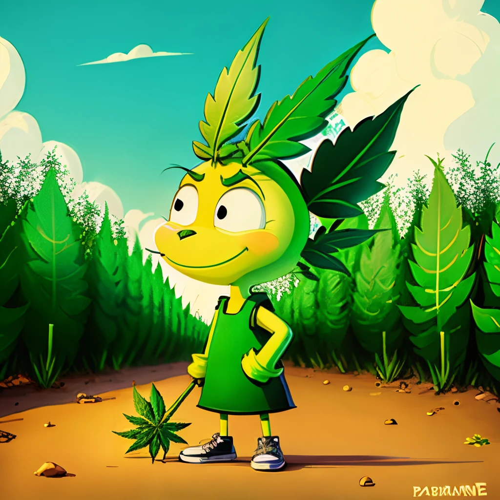 codamsel girl with a marijuana leaf, green creatures in the background <lora:codamsel:1>