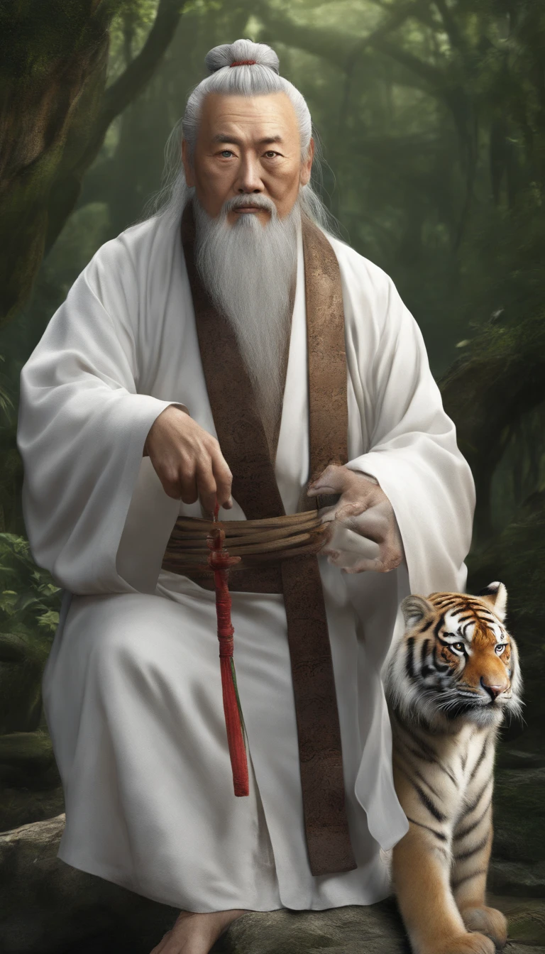 A white-bearded Taoist priest.There is also a tiger，at a forest