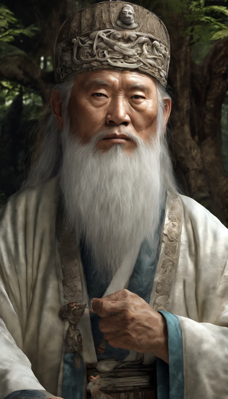A white-bearded Taoist priest.There is also a tiger，at a forest