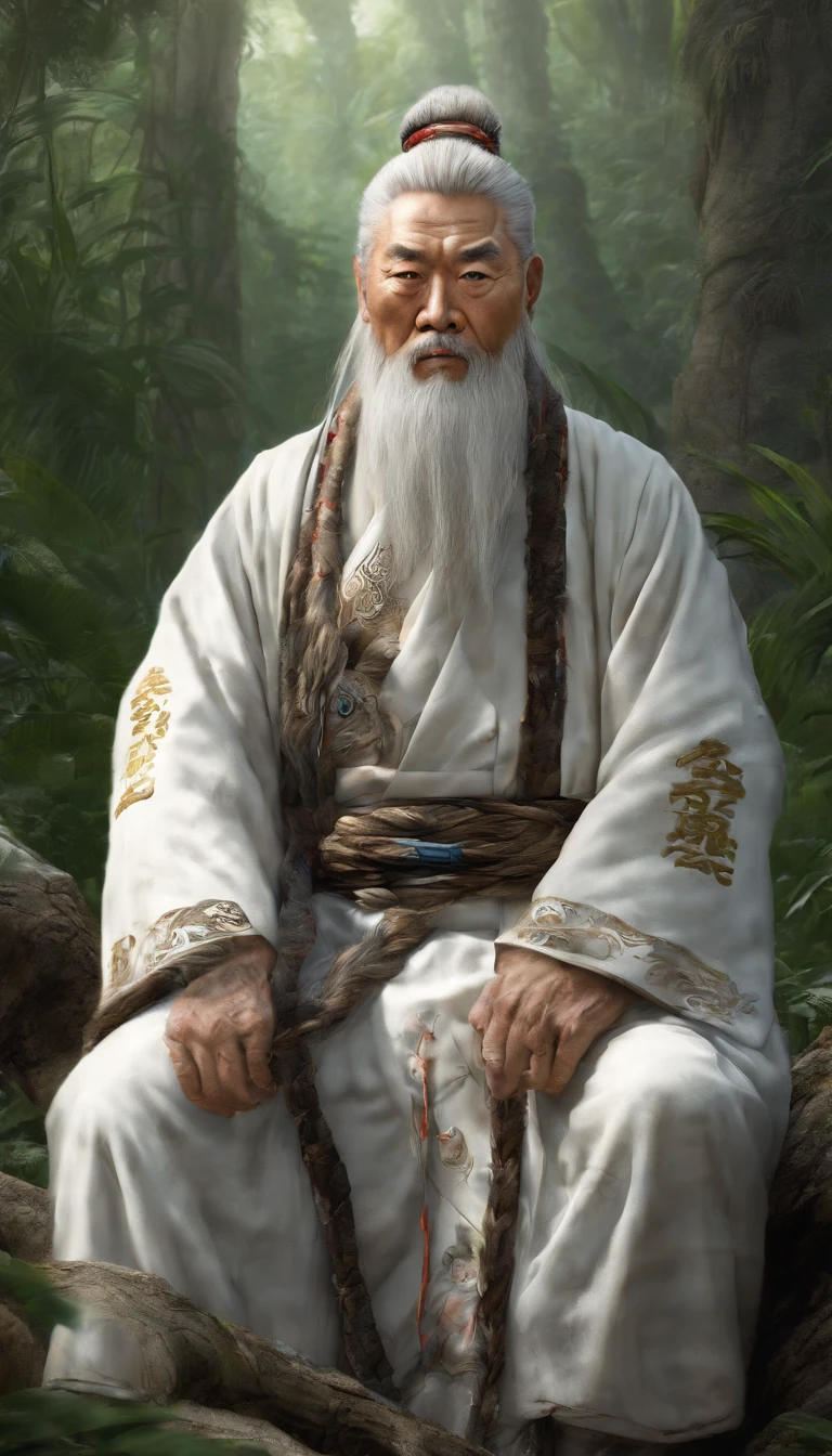 A white-bearded Taoist priest.There is also a tiger，at a forest