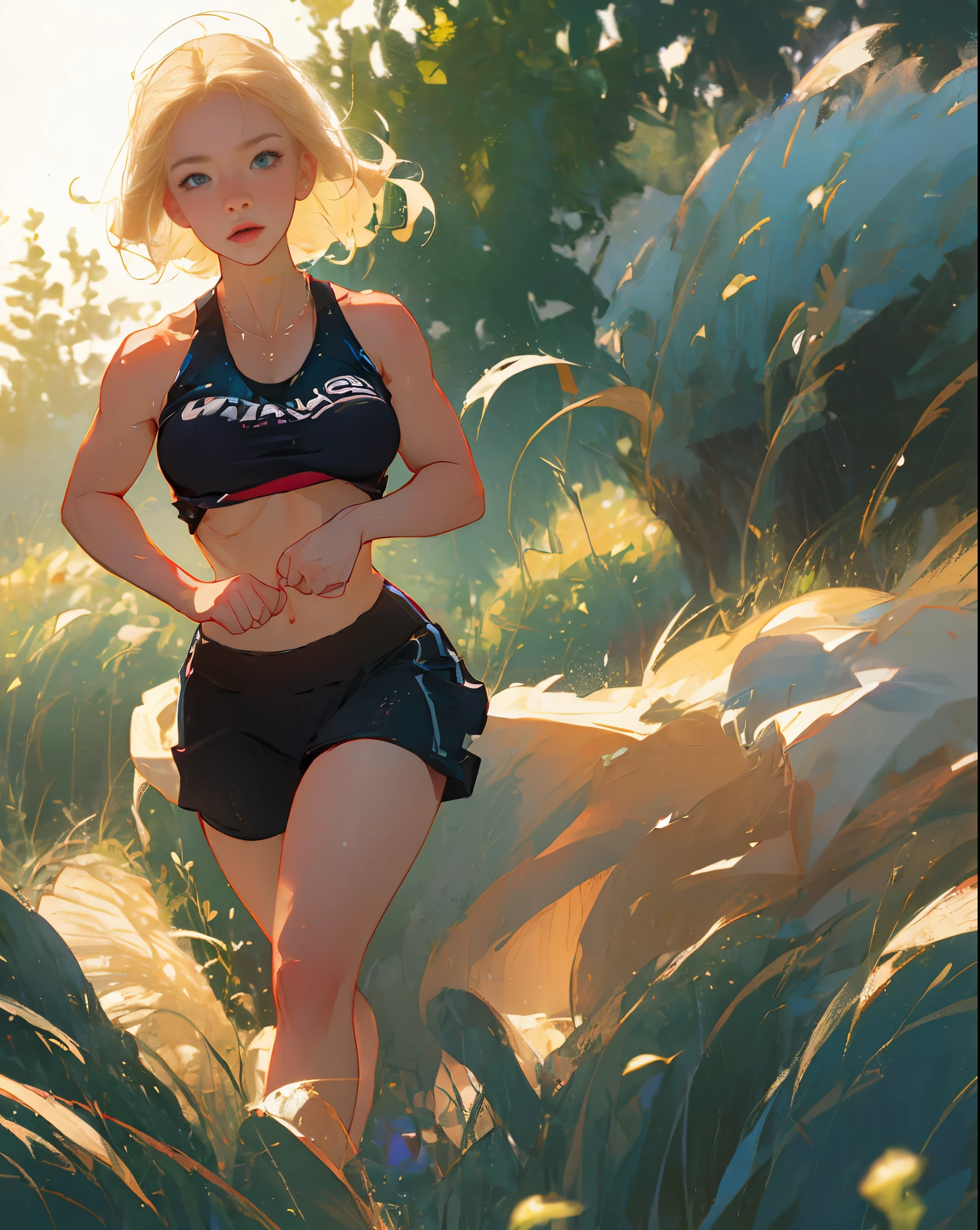 Blonde fitness girl with big boobs running through a trail