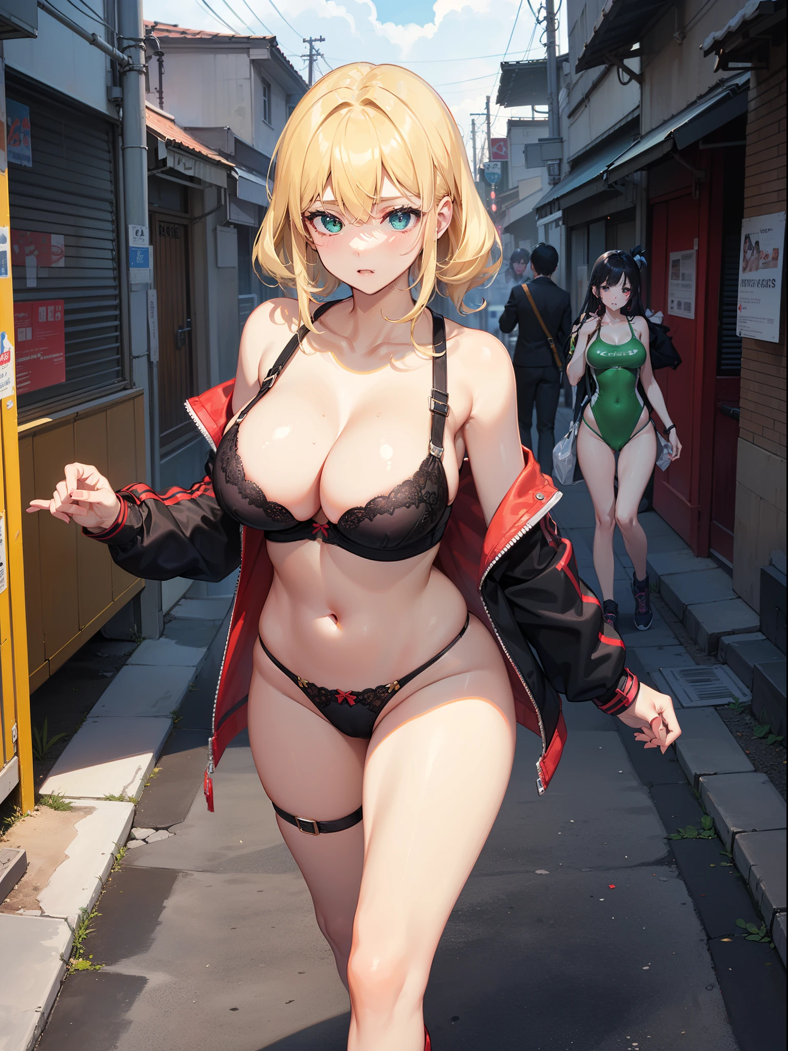 Sports Girl,(((1个Giant Breast Girl))),((animemanga girl,With extremely cute and beautiful blonde hair,walking seductively on the street)),
((((Two twin girls)))),2 sporty twin girls,(2 girls:1.3),((Two anime twins,With extremely cute and beautiful blonde hair,walking seductively on the street)),
(Large breasts:1.4),A sagging breast,(((very light blonde hair:1.35,hair straight,long whitr hair:1.4,Colored inner hair,Ear breathing))),((Heterochromia,Eyes 1 blue,eyes 2 green,perfect eyes,upturned eyes:1.3,美丽细致的眼睛,Delicate and beautiful eyes:1,There is a big bright spot on the eye:1.2)),((fat)),(((Glow skin:1.5,Brightens skin: 1.5,The skin is tanned,Glossy glossy skin,The skin is very radiant,shining body,plastic glitter skin,Exaggerated glowing skin))),(spider lower abdomen,Willow waist,Wide hips,Sporty body,inflatable legs,Delicate and delicate fingers,Detailed body,detailed arms,Human hands,Detailed hands),
cute big breasts,Debauchery,Tempting,pornographic,(((NSFW))),
Absolute opportunity,Clothing that exposes,show skin,((((underbust)))),((Magenta sports bra,Sport tong,Visible thong straps)),(Wear sportswear:1.3,track suit,Half-naked,The clothes are little,),(detailed outfits,Meticulous clothes),
(dynamicposes:1.0),Embarrassing,at centre,Scale to fit the dimensions,the rule of thirds,
Outdoor activities,((nighttime scene)),(Cyberpunk night street background: 1.5,Gloomy sky,alleys,lonely alley,Thick clouds,detailedbackground:1.25),
(Best quality at best),(A high resolution),(Focus sharp),(ultra - detailed),(The is very detailed),(extremely high quality artwork),8K_the wallpaper,(Extremely detailed CG 8k),(Very beautiful 8K CG),((Super super detailed perfect work)),flawless perfection,(((tmasterpiece))),illustratio,vivd colour,(iintricate),hight contrast,Selective lighting,double contact,HighDynamicRange (HighDynamicRange),Post-processing,The background is blurred out,