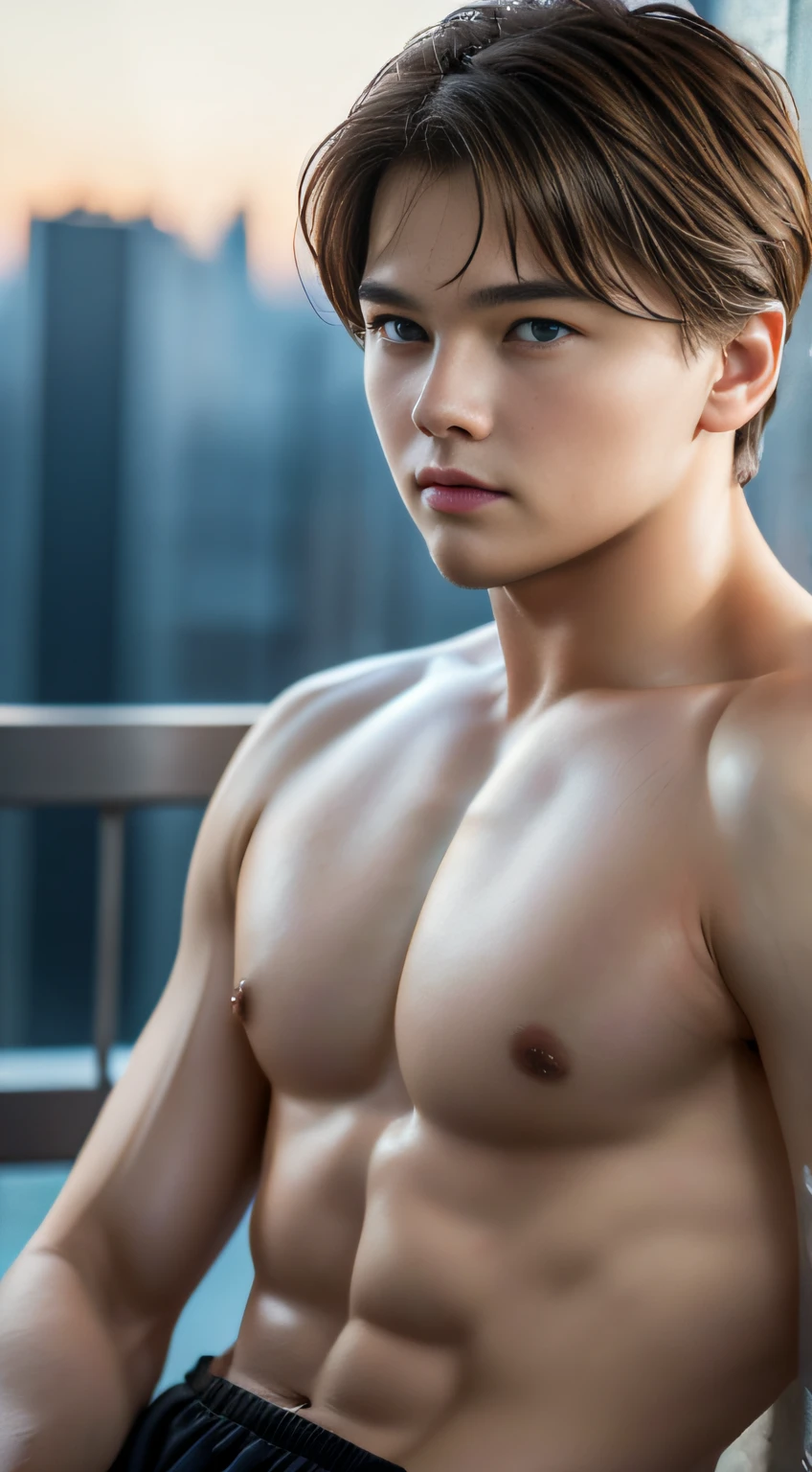 Best Quality、illustartion、 Ultra-detailed、finely detail、 hight resolution、24K Wallpaper、Perfect dynamic composition、18-year-old DiCaprio is a famous film actor.、detailed beautiful face、Detailed beautiful eyes、Textured skin、wavy short hair、faint smile、ABC – great muscular chest.、Bold Sexy Poses、