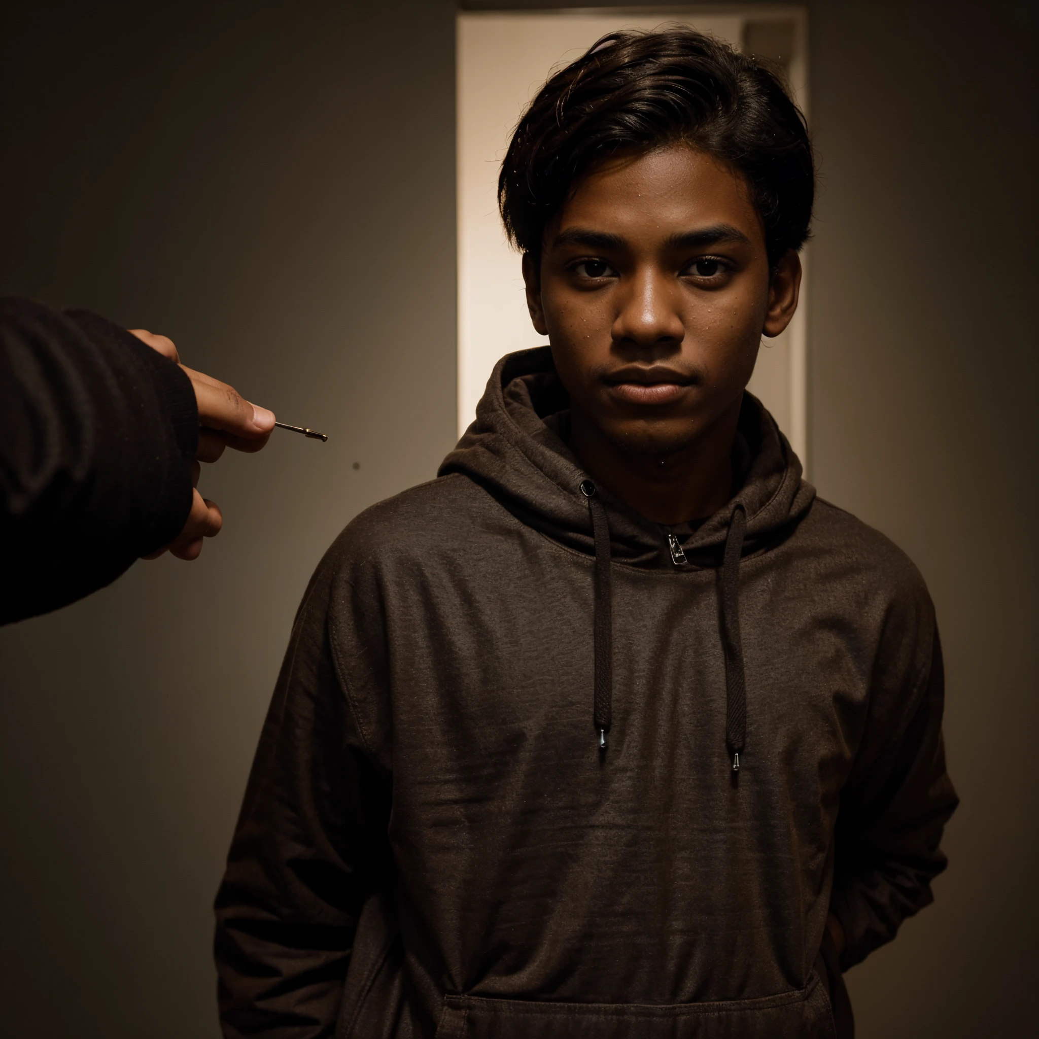 Make an unknown boy with brown skin color, com um moletom preto, floating through the multiverse of question marks