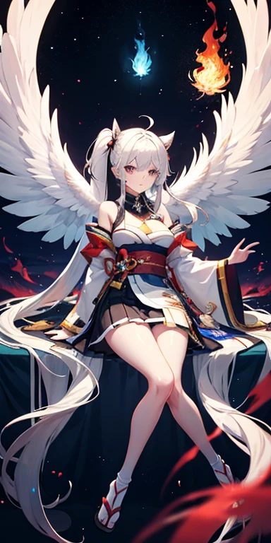1个Giant Breast Girl, Japanese clothes, pony tails ,White hair, a purple eye, Magic Array, blue flame, blue flame, the wallpaper, The landscape, bloods, blood spatter, depth of fields, the night, Light particles, llight rays, Sideslit, upper legs, destiny \(series\), genshin impact, ****, Open jacket, a skirt, Raise your legs, clouds