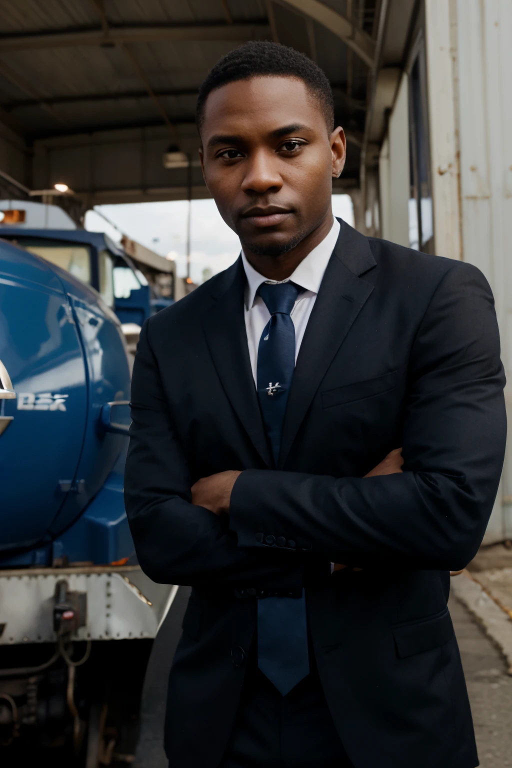Create a photo of a light black man wearing a dark blue toothpick and tie. This man has his arms crossed, looking at the freight as if he were posing for a photo. The background of this photo is a luxury beauty clinic