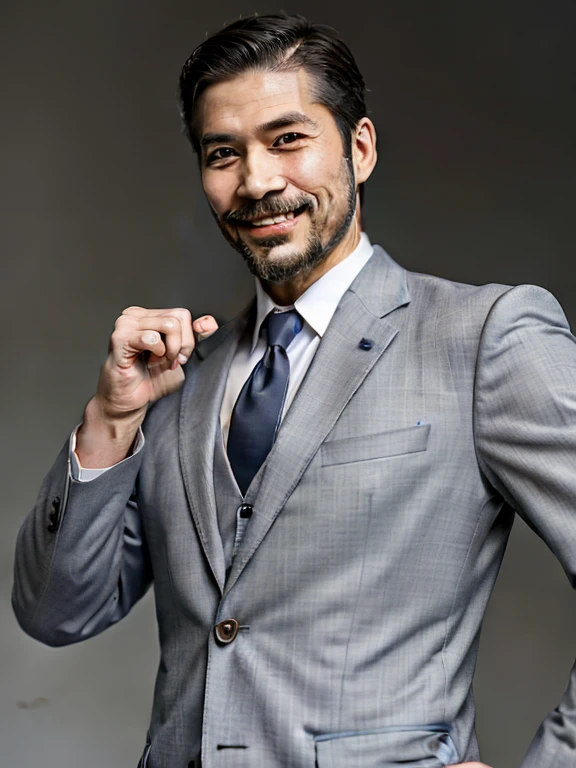 Handsome men,Japan in their 40s,Bearded,dandy,musculature,Upper body portrait,Gray background,suits,人物,smiling and pointing