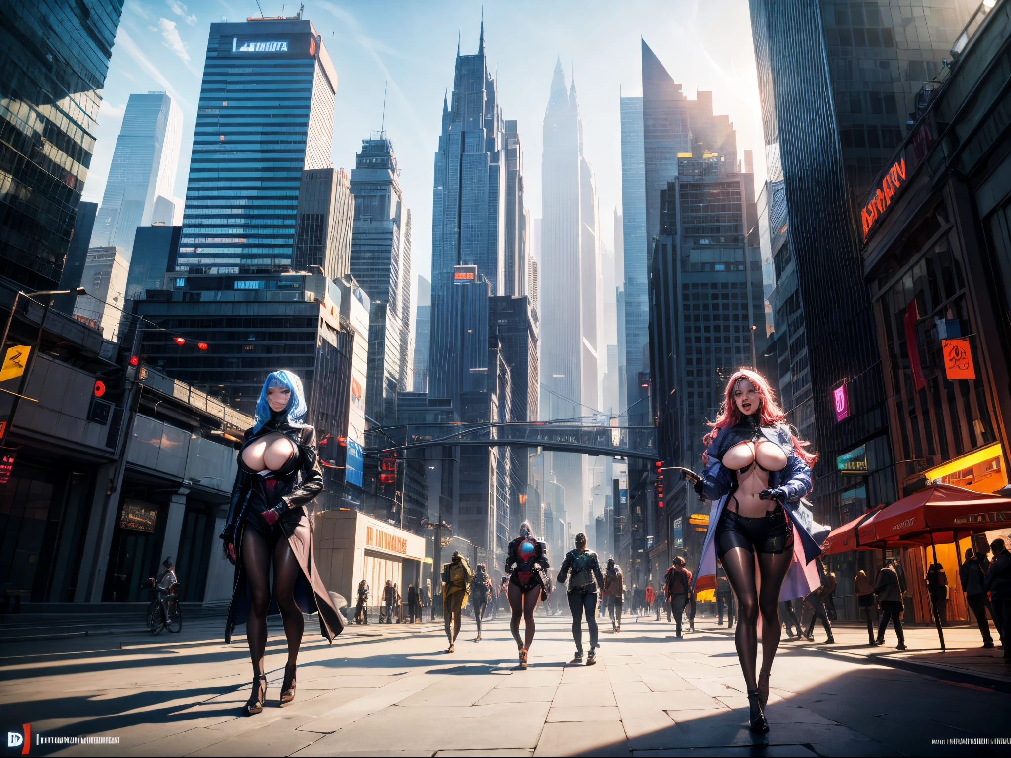 Transform the futuristic city into a comedy central, where Leonardo AI becomes the source of hilarity. Picture robots with funny expressions, unexpected technological mishaps, and AI-driven comedic performances. This prompt aims to bring a light-hearted and entertaining twist to the sci-fi narrative. enormous tits