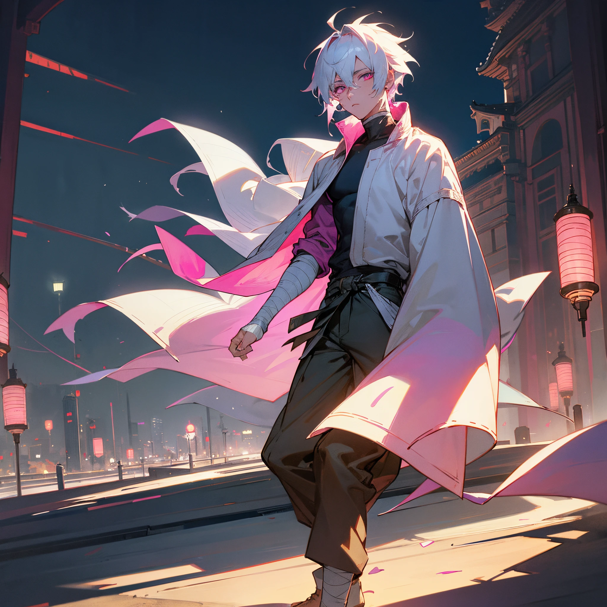1male, , medium messy white hair with blue highlights, finely detailed pink eyes, turtleneck with sleeves rolled up, loose baggy pants, bandages wrapped around arm, best lighting and shadows, big dark city, lanterns, confident, moonlight, nighttime