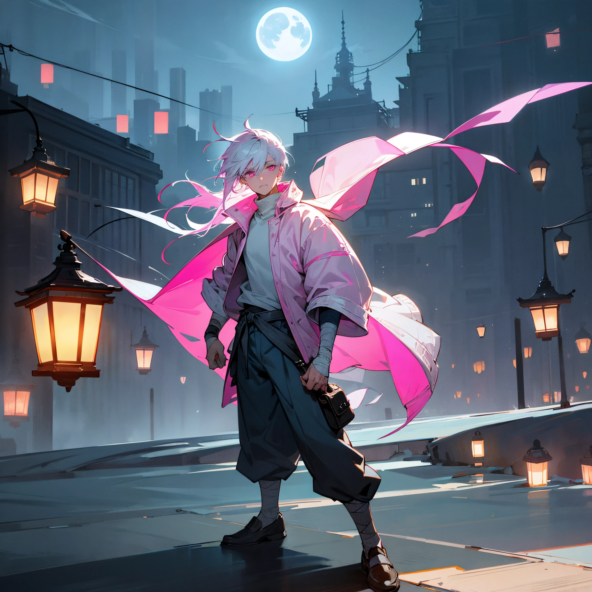 1male, , medium messy white hair with blue highlights, finely detailed pink eyes, turtleneck with sleeves rolled up, loose baggy pants, bandages wrapped around arm, best lighting and shadows, big dark city, lanterns, confident, moonlight, nighttime