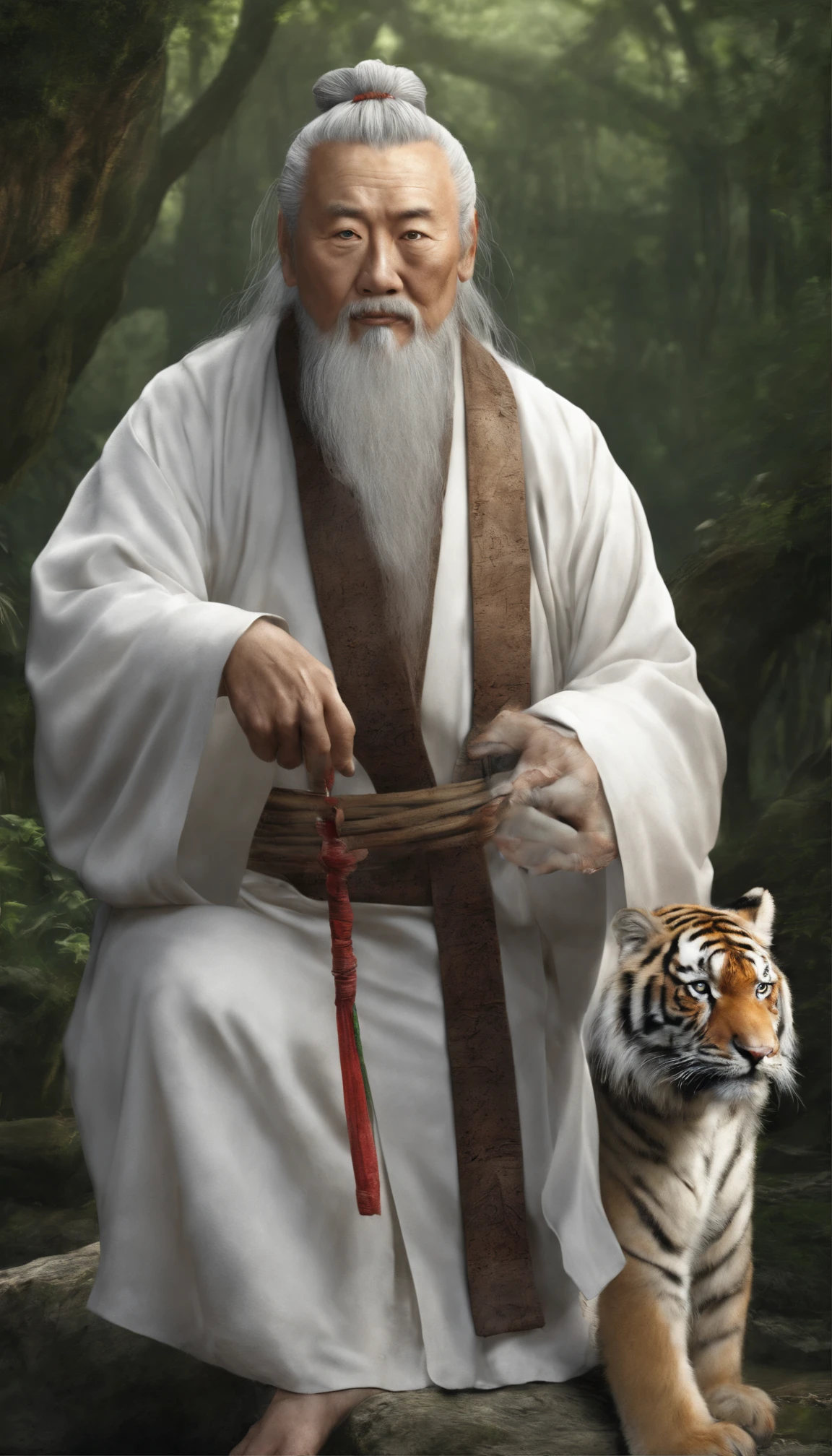 A white-bearded Taoist priest.There is also a tiger,at a forest