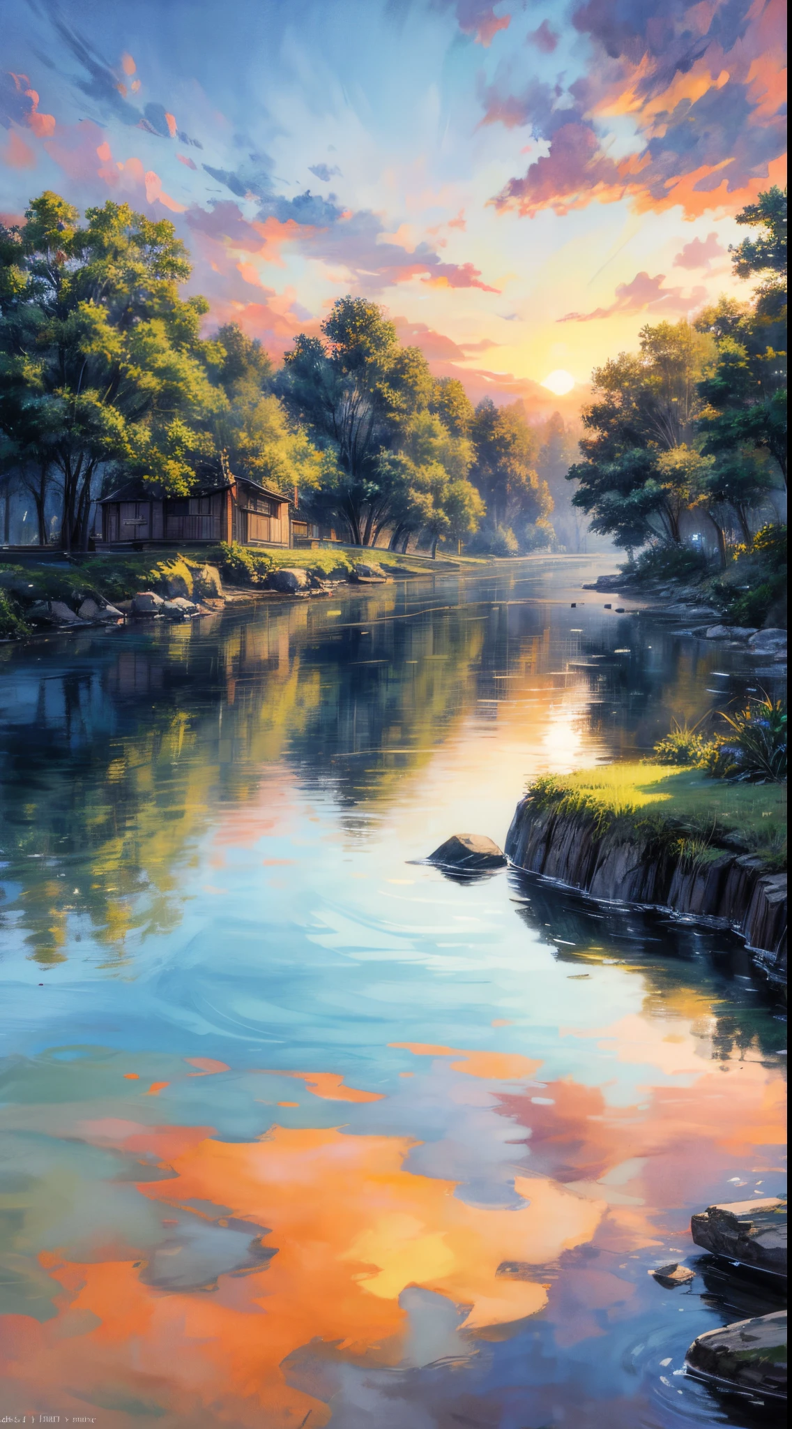 Impressionistic watercolor landscape revealing a rustic dwelling precariously nestled against a serene flowing river, as the declining sun births a variegated canvas in the sky and mirrors its brilliance on the surrounding foliage and tranquil water, quaint dwelling, tranquil river, sinking sun, vibrant sunset, lush nature, twilight, painterly texture, rich foliage, serene harmony, reflection in the water, warm color palette, broad brush strokes, dreamy atmosphere, gradient sky, soft lighting, artistic impressions