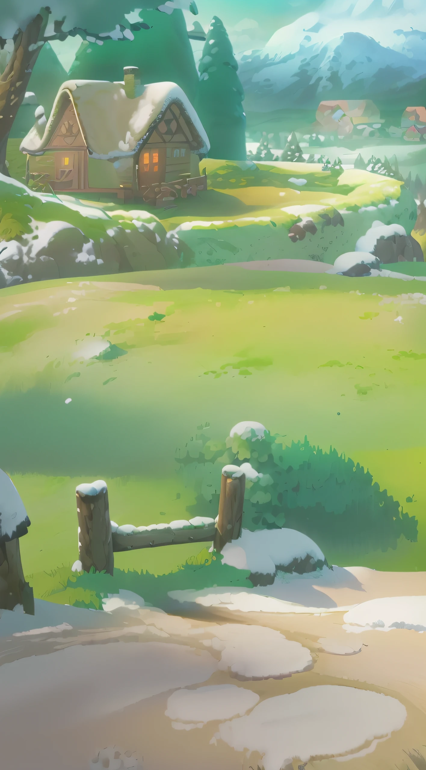 fairy tale picture book,(Cogumelos:1.3),(mushroom house:1.4),Oyuki,(snow cover:1.4),(The roof is covered with ice and snow:1.4),((Roads covered with ice and snow)),Winters,a plant,high high quality,16K resolution,(Best quality at best),(tmasterpiece),ultra - detailed,blanketed in a mantle of snow,Accurate cartoon illustration of winter countryside,Snowy Land,There is a path leading to the gate, arte de fundo, Distant snow village background, background artwork, mobile game background, Small town background, farm background, snowy mountain background, tavern background, Park background, Snowy forest background, game background, 2D game art background, Magical battlefield background, Epic background, rpg background,Game art style,Ghibli cartoon style,cartoonish style,