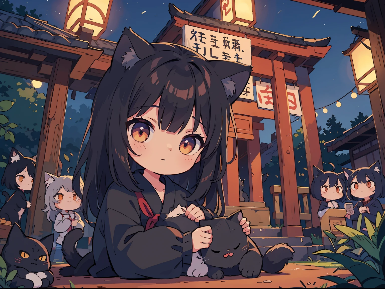 Black-haired girl with cat ears, Cat-like eyes, A cat's tail, Night Shrine, youkai (Supernatural creatures)